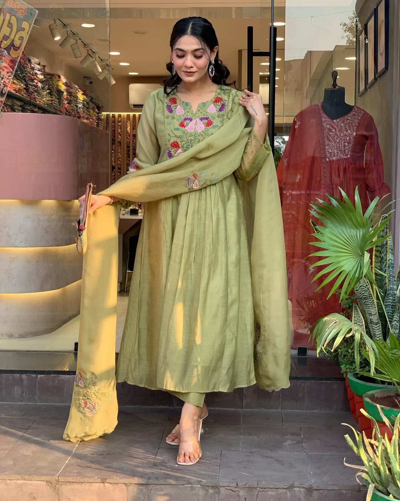 Embroidered Cotton Kurti Pant Set with Organza Dupatta